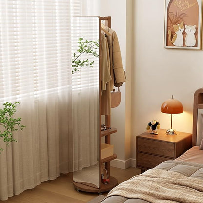 WoodsWhisper Full Length Mirror Coat Rack Solid Wood Floor Mirror 66"x12" Full Length Mirror with Stand Long Mirrors for Bedroom,Living Room (Walnut-Mobile, 66" Lx12 W)