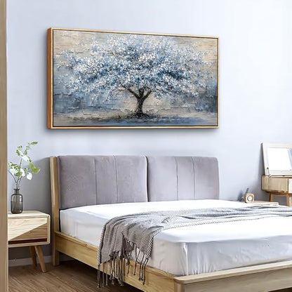 ZUITINGHUA Large Canvas Wall Art For Living Room Wood Framed Wall Decor For Office Modern Bedroom Decorations Grayish Blue Painting Tree Abstract Pictures Home Decor Posters Ready To Hang 24x48 In