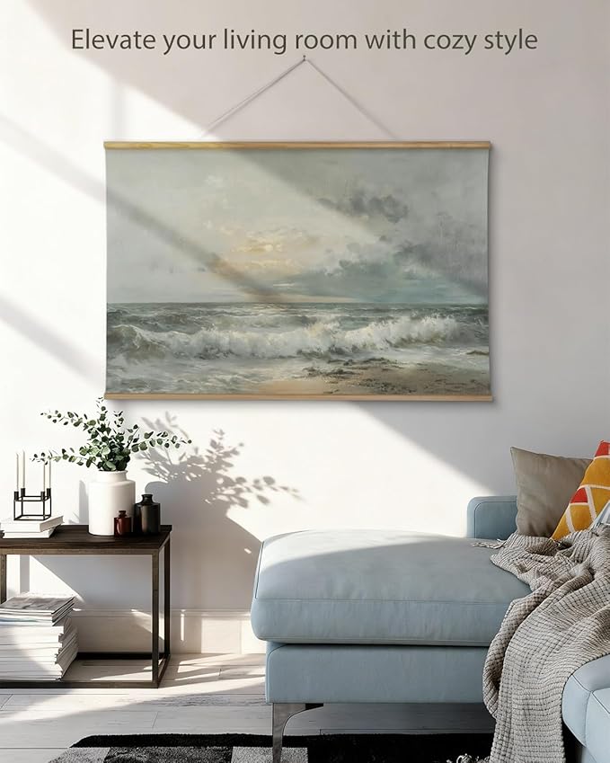 ARPEOTCY Extra Large Vintage Framed Wall Art, 36x54 Inch Sunset over the Sea Landscape Hanging Canvas Prints Scroll Wall Art Decor for Living Room Bedroom, Retro Scenery Pictures Above of Bed