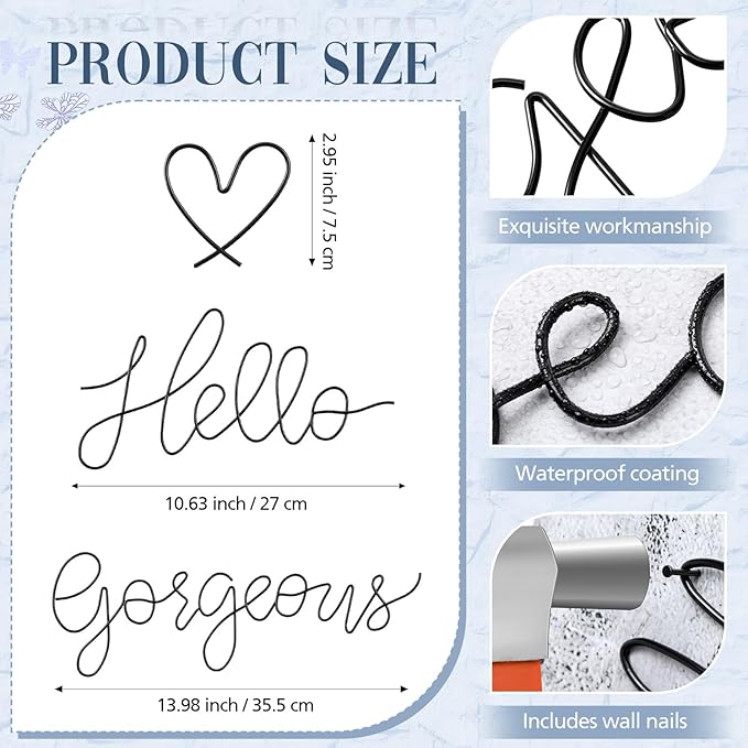 Hicarer Metal Hello Gorgeous Wall Art Minimalist Decor for Bedroom Bathroom Living Room Dressing Room Salon Office Home Decorations Easy to Install Wall Decor(Black,Fashion Style)
