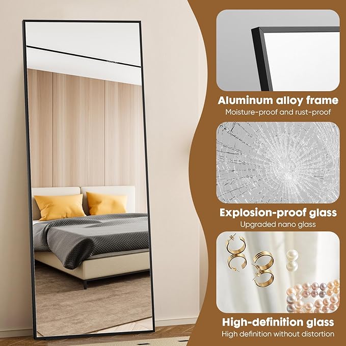 Sweetcrispy 71"x26" Full Length Mirror, Full Body Mirror with Aluminum Alloy Thin Frame, Leaning or Standing, Suitable for Bedroom, Livingroom, Cloakroom, Black