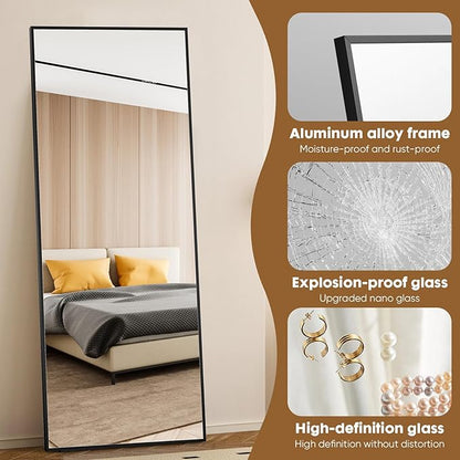 Sweetcrispy 71"x26" Full Length Mirror, Full Body Mirror with Aluminum Alloy Thin Frame, Leaning or Standing, Suitable for Bedroom, Livingroom, Cloakroom, Black