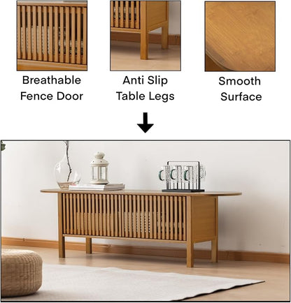 Bamboo TV Stand for TVs up to 65", Accent Entertainment Center with Storage, Media Console Table with Fence Door, Modern TV Stand for Living Room, Bedroom, 55"(L), Walnut