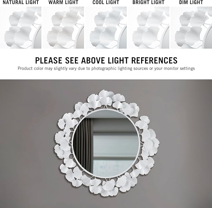 Martha Stewart Wall Décor Large Gingko Leaf Round Wall Mirror for Living Room, Iron Metal Plate Frame Antique Finish, Ready to Hang Bedroom Decoration, Eden, 30.5", White