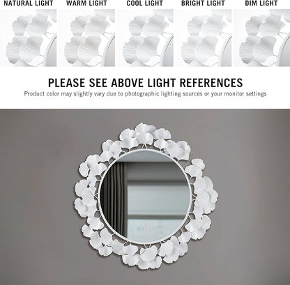 Martha Stewart Wall Décor Large Gingko Leaf Round Wall Mirror for Living Room, Iron Metal Plate Frame Antique Finish, Ready to Hang Bedroom Decoration, Eden, 30.5", White