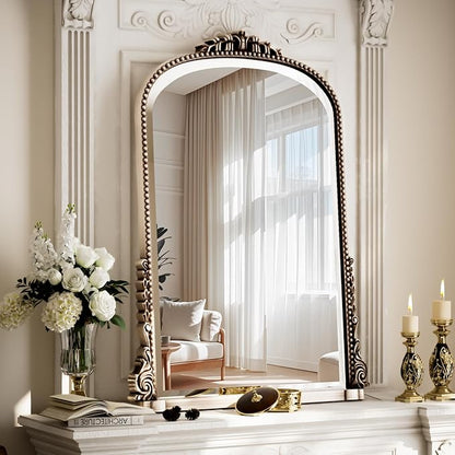28"×40" Silver Wide Arched Wall Mirror, Vintage Carving Bathroom Vanity Makeup Mirror, as Wall Decor Hanging Leaning for Fireplace Mantle, Living Room, Bedroom, Vanity Area