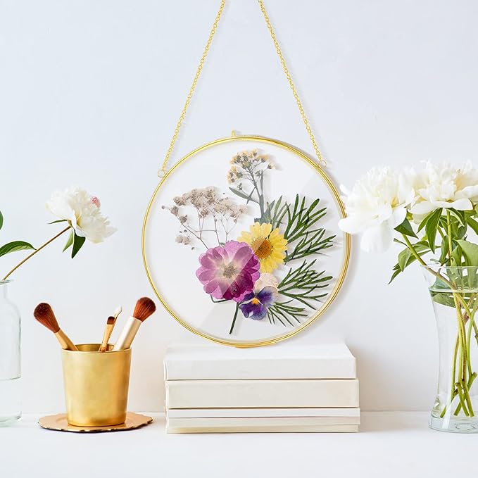Qunclay 4 Pcs Double Glass Frame for Pressed Flowers Round Hanging Herbarium Floating Flower Press Frame Clear DIY Vintage Artwork Display holder(8 Inch,Gold)