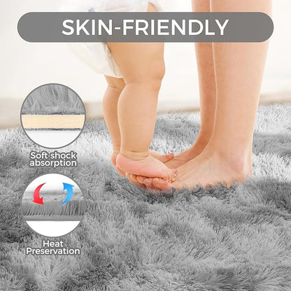 Ultra Soft Rug for Living Room, 3X5 Fluffy Shag Area Rug for Bedroom, Modern Shaggy Carpets Fuzzy Rug for Teens Dorm Nursery Home Decor Aesthetic, Upgrade Anti-Skid Durable, Tie-Dyed Light Grey