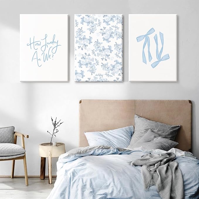 Blue Bow Wall Art Floral Canvas Wall Decor Coquette Flower Wall Art Trendy Aesthetic Poster Girly Preppy Pictures Blue Floral Prints for Living Room Bathroom 16x24 Inch Framed Set of 3