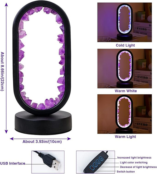 Runyangshi Crystal Lamp - Amethyst Tooth Ellipse Night Light with USB Port, 3 Colours Mode Table Lamp for Bedroom, Bedside, Office, Home Decor, Gift