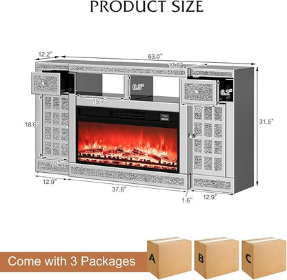 IKIFLY Mirrored Fireplace TV Stand for 65+ inch TV, Silver TV Console Table with Crushed Diamond and LED, Modern Media Entertainment Center with Storage for Living Room, Bedroom and Office