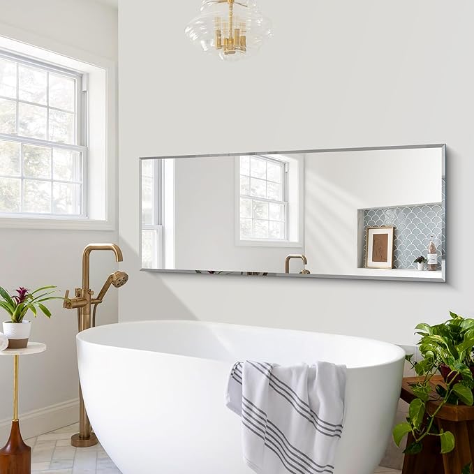 CILIBER Beveled Mirror, 24x60 Large Frameless Bathroom Mirrors for Wall, 3mm Tempered Glass Rectangle Vanity Mirror with Beveled Edge, Crystal-Clear, Hangs Horizontally or Vertically