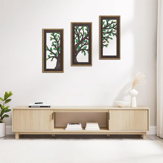 KAIRNE Wooden Tree Branch Framed Wall Art(Set of 3, 16”x8”),Abstract Tree of Life Hollow Artwork Decor,Rustic Birch Green Leaves Wood Decor,Modern Tree Farmhouse Decor for Living Room Bedroom Kitchen