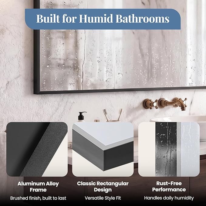 NEWBULIG 30" x 48" Black Rectangle Bathroom Mirror for Wall, Morden Wall Mirror with Metal Frame, Tempered Glass, Vanity Mirror for Over Sink, Entryway, Living Room, Anti-Rust