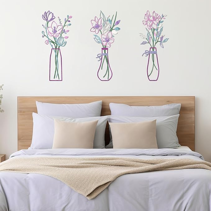 Zzbakress 3 Pcs Metal Flowers Wall Arts Rustic Farmhouse Decor Bathroom Wall Decor Metal Wall Decor for Living-room Dining-Room Kitchen Minimalist Decor Housewarming Gifts(Pink Purple)