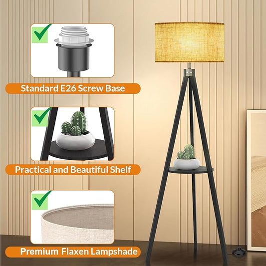 LEPOWER Tripod Floor Lamp, Mid Century Wood Standing Lamp, Modern Design Shelf Floor Lamp for Living Room, Bedroom, Office, Flaxen Lamp Shade with E26 Lamp Base Black