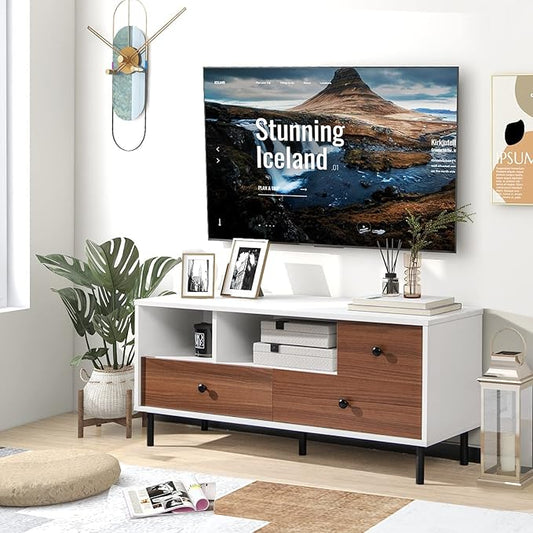Tangkula Farmhouse TV Stand for 50-inch TVs, Modern Flat Screen Console Table with 2 Cubbies & 3 Large Drawers, Entertainment Center Storage Cabinet for Living Room (White & Walnut)
