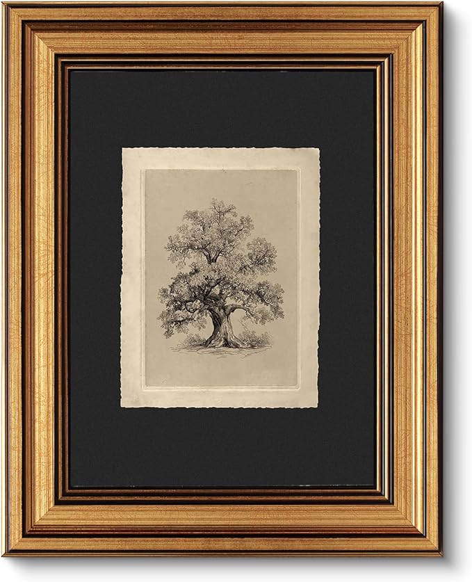 VIYYIEA Vintage Gold Framed Wall Art, Botanical Sketch Rustic Farmhouse Decor, Aesthetic Classical Oak Tree Illustration Pictures for Living Room Bathroom Gallery, 8x10inch