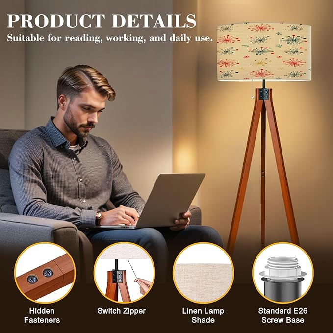 Wood Tripod Floor Lamp Seamless Mid Century Modern Retro Mid Century Standing Lamp Linen Shade Dimmable Modern Tall lamp Home Decor for Living Room Bedroom Office