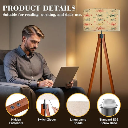 Wood Tripod Floor Lamp Seamless Mid Century Modern Retro Mid Century Standing Lamp Linen Shade Dimmable Modern Tall lamp Home Decor for Living Room Bedroom Office