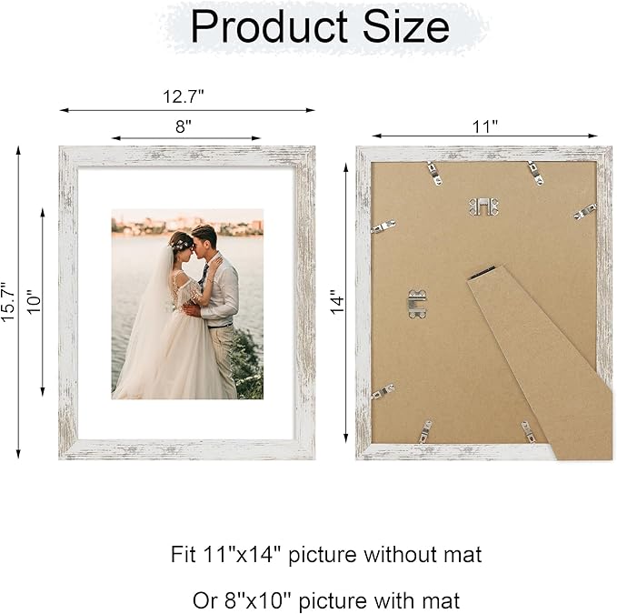 iRahmen 11x14 Picture Frame with Mat 8x10 - High Definition Tempered Glass Wooden Photo Frames for Wall Mounting (Distressed-White, Set of 2)