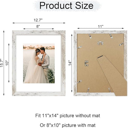 iRahmen 11x14 Picture Frame with Mat 8x10 - High Definition Tempered Glass Wooden Photo Frames for Wall Mounting (Distressed-White, Set of 2)