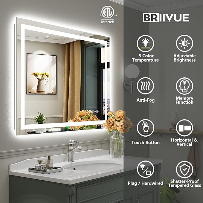 Briivue 48x40 Inch LED Bathroom Mirror with Lights, Backlit & Front Lit, Anti-Fog Lighted Bathroom Vanity Mirror for Wall, Memory Function, Dimmable, HD Tempered Glass, Shatter-Proof