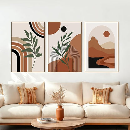 SAFERRYHOME Large Boho Abstract Wall Art, Mid Century Bohemian Wall Decor Framed Canvas Set of 3, Modern Minimalist Artwork Botanical Painting Prints Pictures for Living Room Bedroom Bathroom, 24x36inch