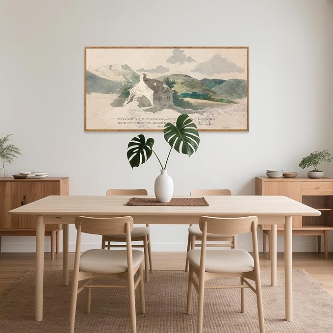 Aurlan House Built on the Rock Matthew 7:25 Wall Art(40"x20"), Boho Jesus Christian Bible Verse Scripture Canvas Artwork, Large Vintage Abstract Mountain Nature Landscape Decor for Home Dining Room Christ Gift