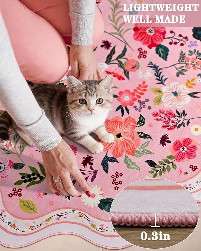 Macgace Pink Round Rug for Girls Bedroom, 4ft Machine Washable Floral Area Rugs with Non Slip Backing, Cute Flower Carpet Kitchen Living Room Kids Playroom Decor