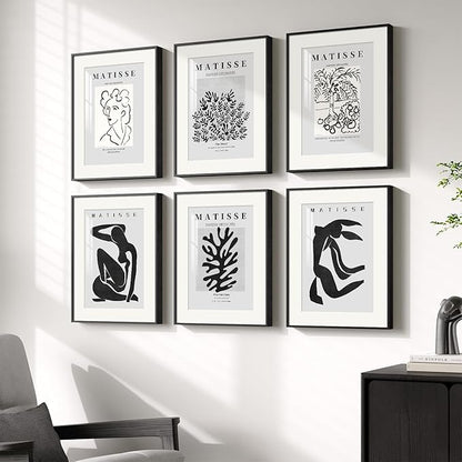 Framed Matisse Wall Art for Living Room, Set of 6 Modern Black and White Minimalist Botanical Body Line Prints for Walls, Abstract Aesthetic Pictures for Bedroom, Bathroom, Dining Room Decor, 11x14