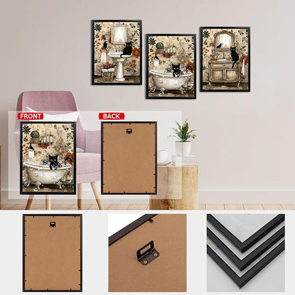 sechars Vintage Bathroom Wall Art Black Cats Painting Pictures Framed Bathroom Decor Canvas Print