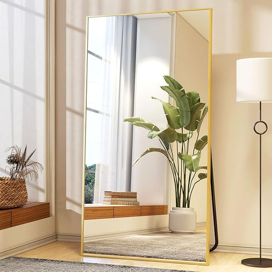 Easly Full Length Mirror with Stand 34"x76" Full Body Mirror Floor Mirror Standing Hanging or Leaning Wall, Wall Mirror with Stand Aluminum Alloy Frame for Living Room Bedroom Cloakroom,Gold