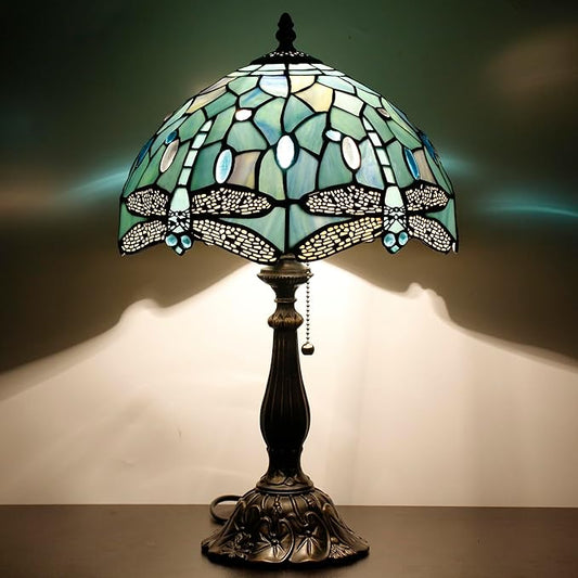 Tiffany Table Lamp Stained Glass Lamp 12X12X19 Inch Antique Reading Light (Sea Blue Dragonfly Style)