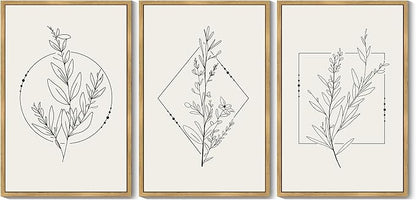 Drsoum Minimalist Flower Wall Art Vintage Wall Hanging Decor Bohemain Botanical Prints Artwork for Bedroom Living Room Hallway 24x36in Natural Framed