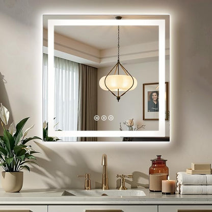 36X36 LED Bathroom Mirror with Lights, Anti-Fog, Backlit + Front Lit (CRI>90), Lighted Bathroom Vanity Mirror for Wall, Memory Function, Dimmable, Tempered Glass, Shatter-Proof