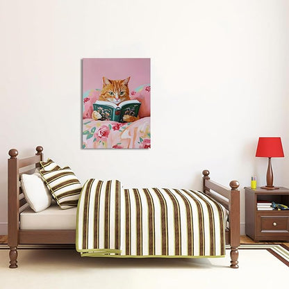 Framed Vintage Cats Canvas Wall Art, Funny Animal Reading Books Poster Printing Pictures, Pink Cute Cat Lovers Wall Decor for Girls Room Bedroom Kids Room Living Room Bathroom 16x24 in