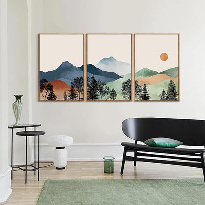 SIGNINART Boho Mountain Framed Canvas Wall Art Set of 3, Watercolor Nature Landscape Art Prints, Modern Sunrise Art Paintings, Green Forest Wall Decor for Living Room, Bedroom, Office 16"x24"x3