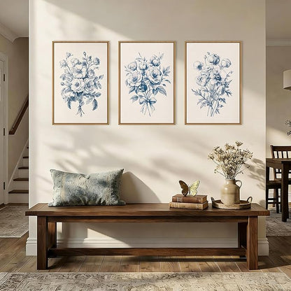 KAIRNE Navy Blue Floral Framed Canvas Wall Art Set,Vintage Botanical Flower Wall Decor,Modern Minimalist Bouquet Art Prints,Neutral Rose Artwork for Living Room,Bedroom,Farmhouse,Office-24 x36 x3