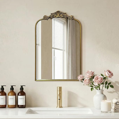 Gold Baroque Vintage Mirror for Vanity 24x16Inch Gold Antique with Ornate Frame, Arched Vintage Wall for Bathroom, Living Room, Fireplace, Entryway (Golden (Arched 7), 24"L x 16"W（Vertical ）)