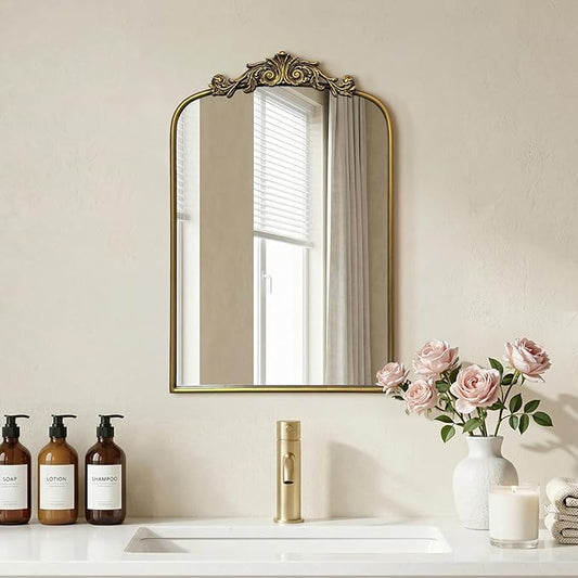 Gold Baroque Vintage Mirror for Vanity 24x16Inch Gold Antique with Ornate Frame, Arched Vintage Wall for Bathroom, Living Room, Fireplace, Entryway (Golden (Arched 7), 24"L x 16"W（Vertical ）)