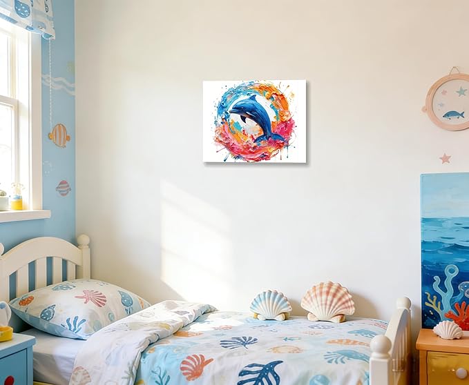 DUFIPOR Colorful Abstract Dolphin Poster Canvas Wall Art - Vibrant Modern Ocean Animal Painting Print - 12x16 Framed Graffiti Picture Decor for Teen Boy/Girl Kids/Child Bathroom Bedroom Living Room