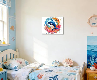 DUFIPOR Colorful Abstract Dolphin Poster Canvas Wall Art - Vibrant Modern Ocean Animal Painting Print - 12x16 Framed Graffiti Picture Decor for Teen Boy/Girl Kids/Child Bathroom Bedroom Living Room