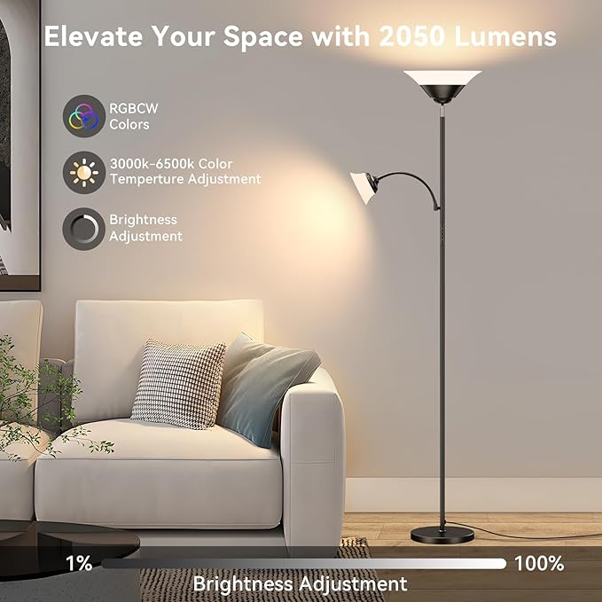 SIBRILLE RGB Torchiere Floor Lamp, 2-in-1 Dimmable Standing Lamp with Remote & Button Control, 34W 360° Rotatable LED Reading Lamp, 72" Modern Tall Corner Lamp for Bedroom, Living Room, Office, Black