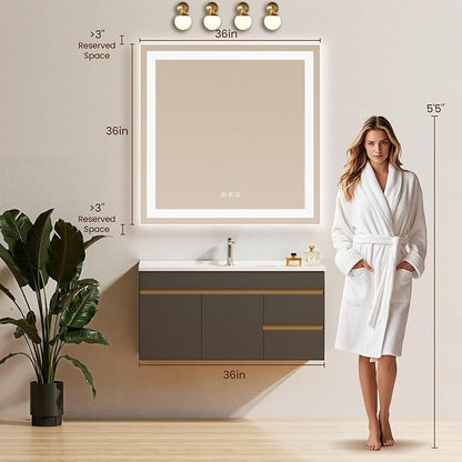 36X36 LED Bathroom Mirror with Lights, Anti-Fog, Backlit + Front Lit (CRI>90), Lighted Bathroom Vanity Mirror for Wall, Memory Function, Dimmable, Tempered Glass, Shatter-Proof