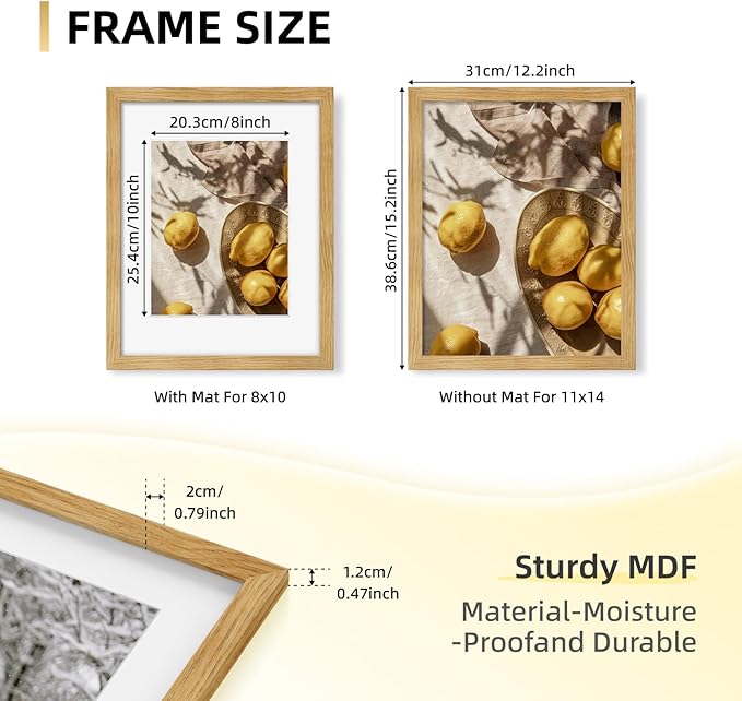 YESKAY 11x14 Picture Frame Set of 9, Photo Gallery Wall Frame Set, Display Pictures 8x10 with Mat or 11 x 14 Without Mat, Multi Photo Frames for Wall Mounting or Table Top Display, Natural Oak