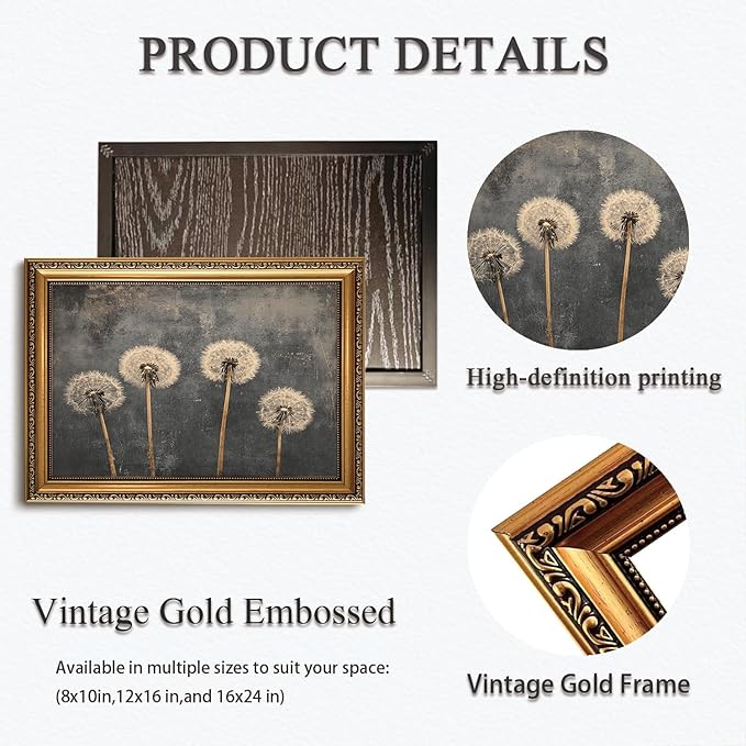 WZGZXU Gold Framed Wall Art Vintage Dandelion Wall Decor Botanical Pictures Canvas Art Farmhouse Paintings Antique Artwork For Living Room Bedroom 12x16in