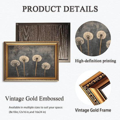WZGZXU Gold Framed Wall Art Vintage Dandelion Wall Decor Botanical Pictures Canvas Art Farmhouse Paintings Antique Artwork For Living Room Bedroom 12x16in