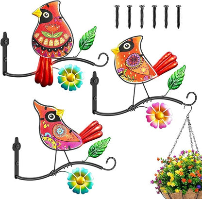 Metal Birds Wall Art Decor with Hanging Hooks, 3D Colorful Bird Outdoor Hanging Wall Art Patio Fence Decorations, Plant Bracket for Planters Wind Chimes Lanterns Garden Patio Decor (Cardinal)