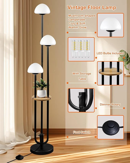 Black Dimmable Floor Lamp with Table, Modern Floor Lamps with Mushroom Shades for Living Room, 3000K Warm White Tall Standing Lamp with Bulbs& 5Lbs Heavy Base for Bedroom/Office